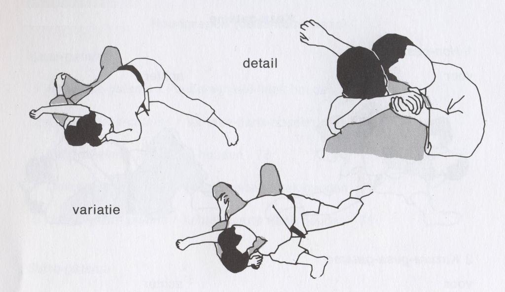 KATA GATAME Tori zit on de rechterknie aan de rechterzijde van uke. Linkerbeen gestrekt opzij uitgestoken. Met beide handen heft Tori de rechterarm van uke op en legt die over diens gezicht.