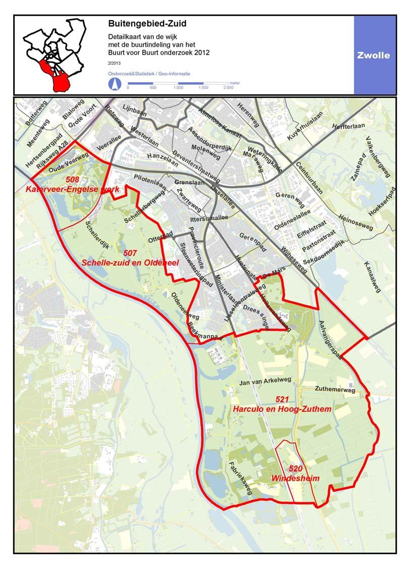 De wijk in beeld Buitengebied-Zuid bestaat uit de buurten Schelle-Zuid en Oldeneel, Katerveer-Engelse werk, Windesheim en Harculo en Hoogzuthem.