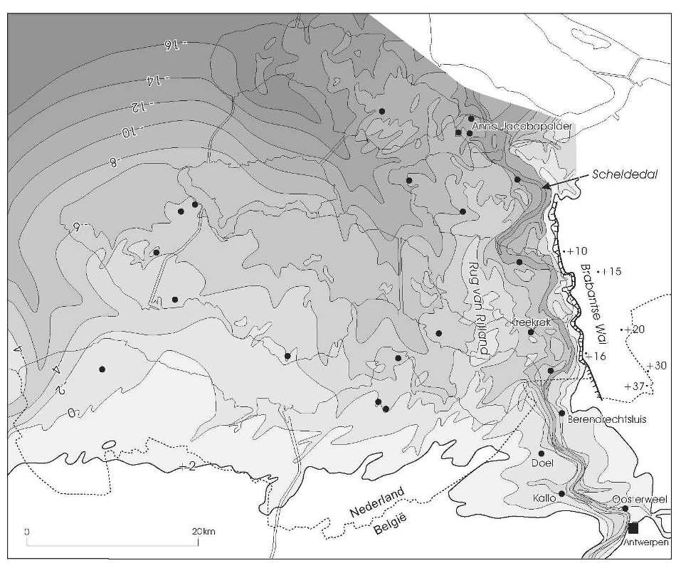 4 Figuur 3. Hoogteligging van het Pleistocene oppervlak langs de Schelde stroomafwaarts van Antwerpen, vóór de verdrinking door de Holocene zeespiegelstijging.