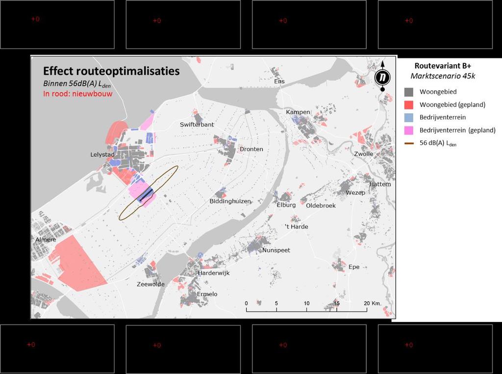 Figuur 21 - Aantal woningen binnen 56 db(a) L den Routevariant B+ en suboptimalisaties Aantal ernstig gehinderden binnen 48 db(a) L den Figuur 22 toont de 48 db(a) L den contour.