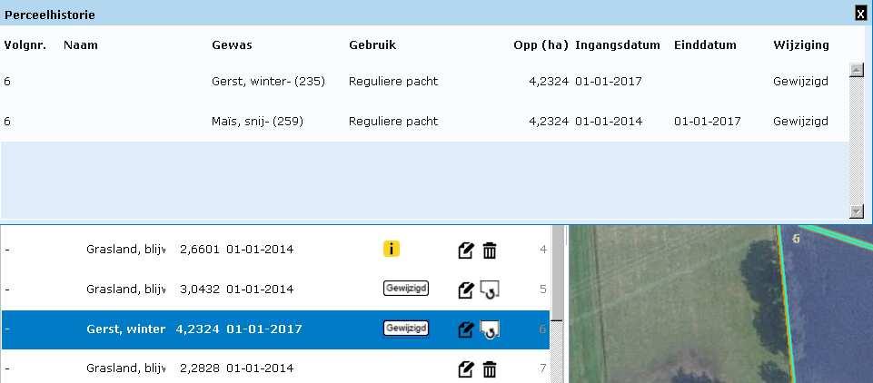 Historie van een perceel 7 Achter een gewijzigd perceel staat Gewijzigd.