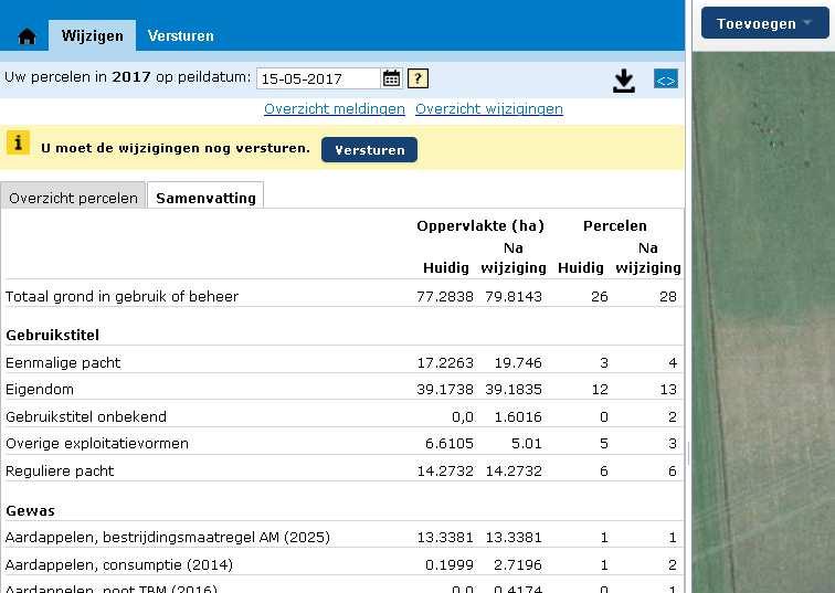 7 Samenvatting Er is een samenvatting te raadplegen met darrin oppervlakte en het aantal percelen.