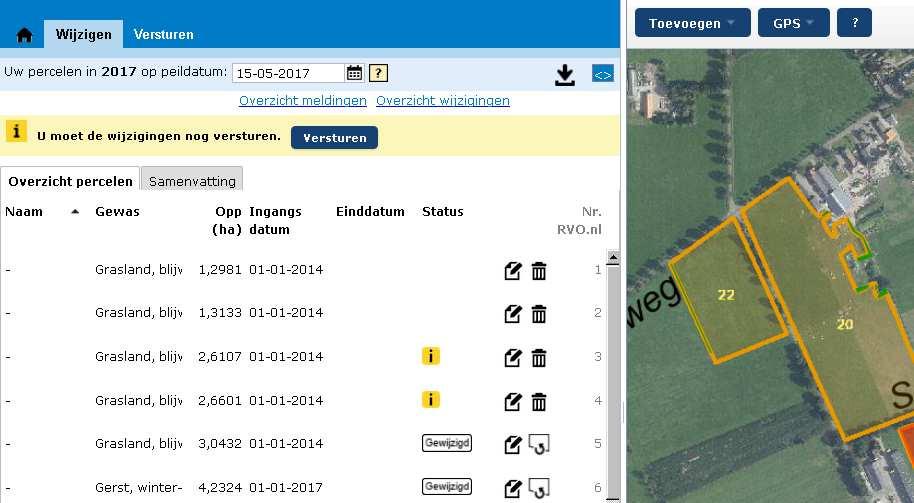 Perceel toevoegen, wijzigen of beëindigen 1 2 3 1 Voor het toevoegen van een perceel klikt u op de knop.