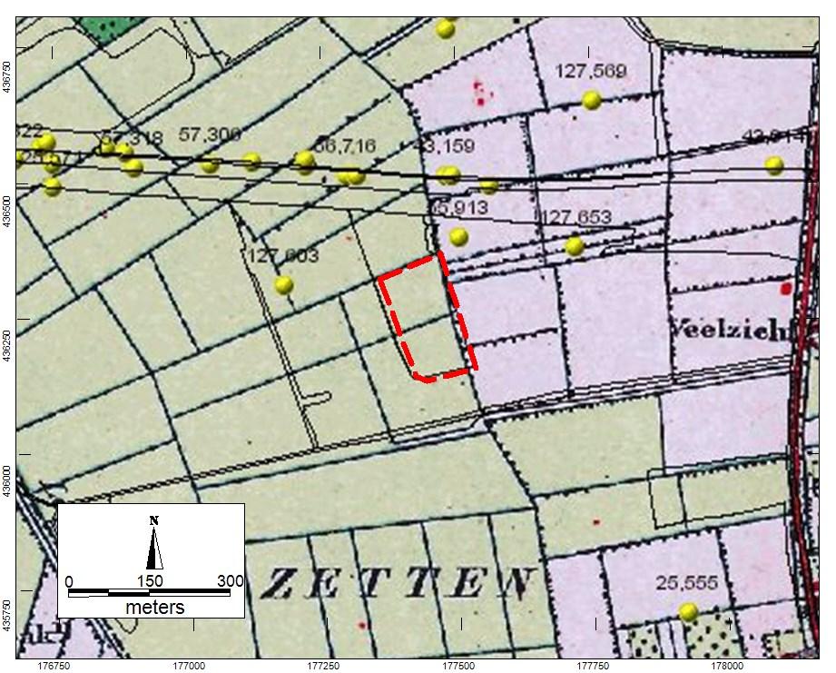 Afbeelding 6. Plangebied geprojecteerd op de militair topografische kaart met archeologische waarnemingen(nettekening).