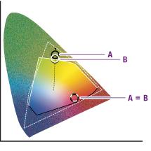 16.4.5 Absolute colorimetrische nieuwe toewijzing Kleuren die binnen het gamma van zowel invoer- als uitvoerapparaat vallen, worden niet gewijzigd.