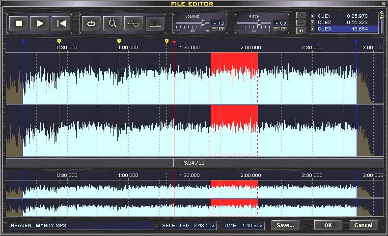 File Edit or 3.11. File Editor Met de file edit or is het mogelijk om reeksen uit een bestand te knippen, of om cue points op één enkele beat nauwkeurig gelijk te zetten.