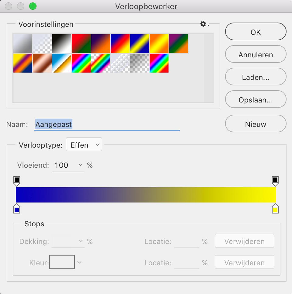 Kies daar de kleurcombinatie die je wilt. Breng vervolgens de dekking van de Aanpassingslaag terug voor het effect en zet de Overvloeimodus van de laag op bedekken.