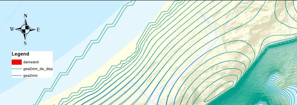 Figuur 7: freatische grondwaterstand contourlijnen met een interval