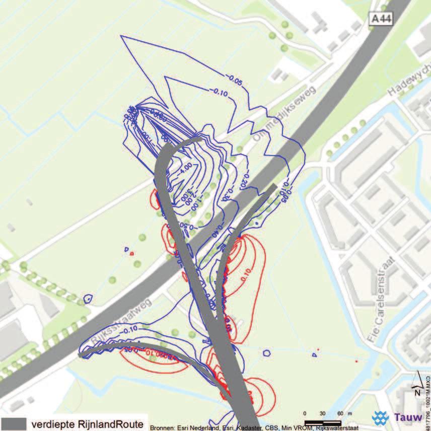 Figuur 7.1. Berekende grondwaterstandsverandering (m) freatisch pakket westelijke verdieping.