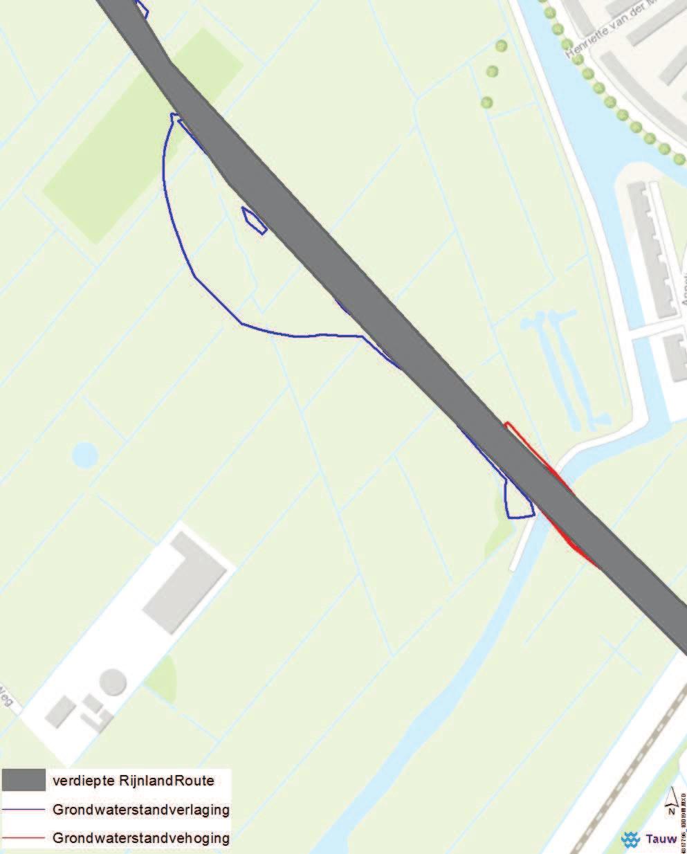 Figuur 7.4 Berekende grondwaterstandsverandering (m) wadzandpakket westelijke tunnelmond.