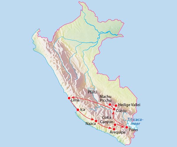 Rondreis PERU - 21 dagen Mystieke steden in de Andes Reiscode: Groepsgrootte: Aantal dagen: LPZ 8-18 21 Uitgebreide routebeschrijving Route Welkom Peru staat bekend om zijn Incaruïnes en de verborgen