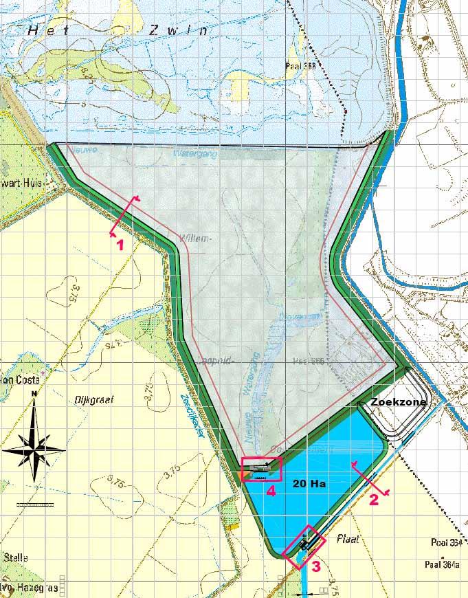 Figuur 37: Alternatief 2B met spuikom (voorontwerp) 1 : Doorsnede door de zeewerende Zwindijk 2 : Doorsnede