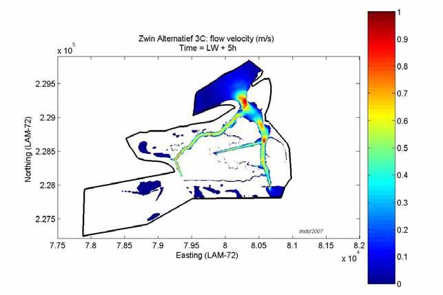 pieksnelheden tot 0.9 m/s. Tijdens eb liggen de maximale snelheden lager, rond 0.3-0.