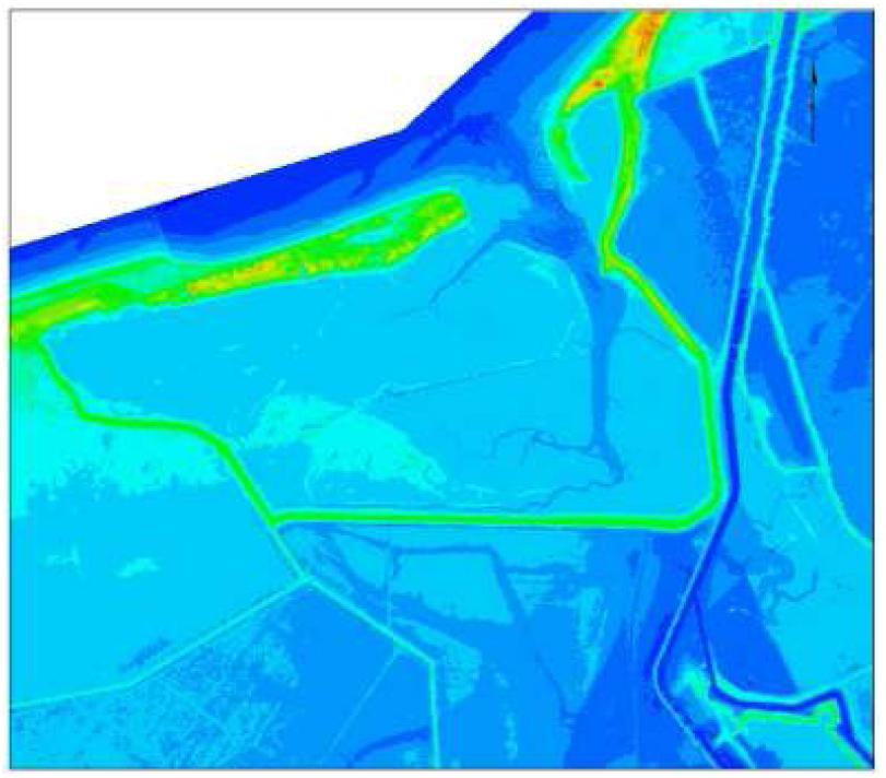 In Figuur 22 wordt de topografie na afgraven van de duin ter hoogte van de huidige oostelijke ligging van de geul weergegeven.