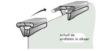 Start de installatie aan één van de vier overgangen tussen de halve cirkel en de lengte richting. Plaats één van de profielen op de stalen wand.