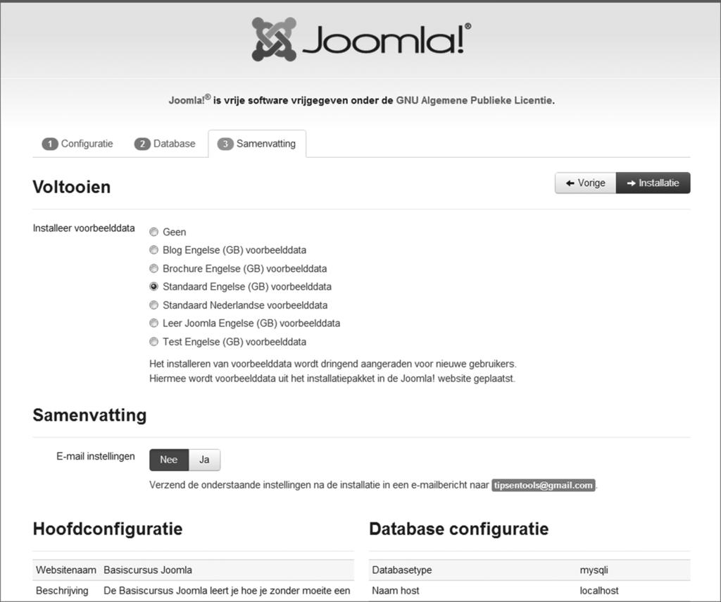 2 Joomla installeren 23 Figuur 2.5 Het scherm Voltooien Installeer voorbeelddata: kies hier voor Test Engelse voorbeelddata.