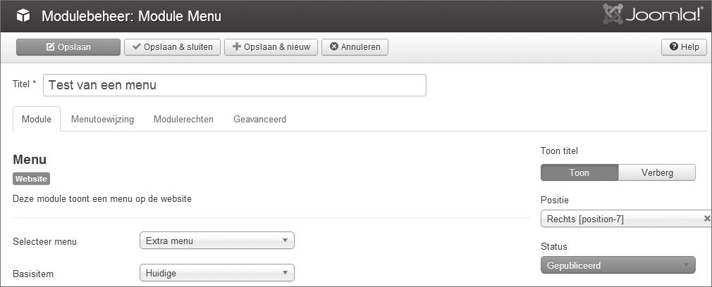 92 Basiscursus Joomla! 3 1 Ga naar Menu s > Menubeheer en klik bij Extra menu op de link Voeg een module toe voor dit menutype. Figuur 7.