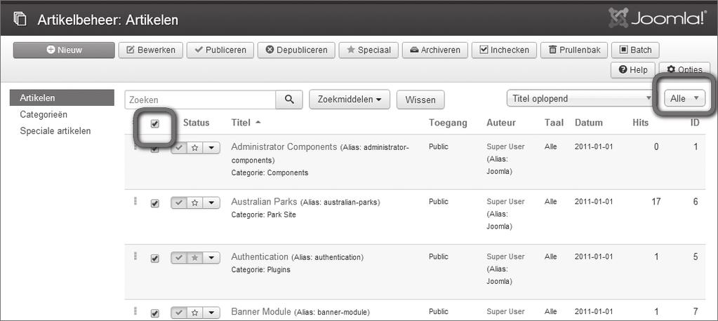 142 Basiscursus Joomla! 3 Figuur 11.1: Alle artikelen zijn geselecteerd Figuur 11.