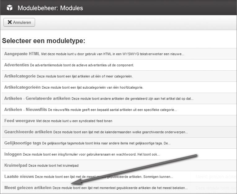 10: De Modulebeheer toont een overzicht van alle modules die op de site in gebruik zijn 2 Klik op de knop Nieuw om een