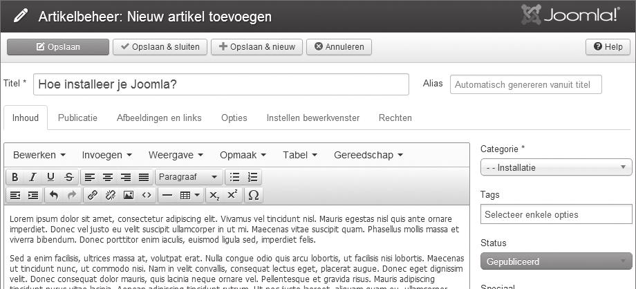 52 Basiscursus Joomla! 3 Figuur 5.2: Het scherm waarin je een nieuw artikel aanmaakt 5 Pas de opmaak van de tekst aan: a Selecteer de eerste alinea.