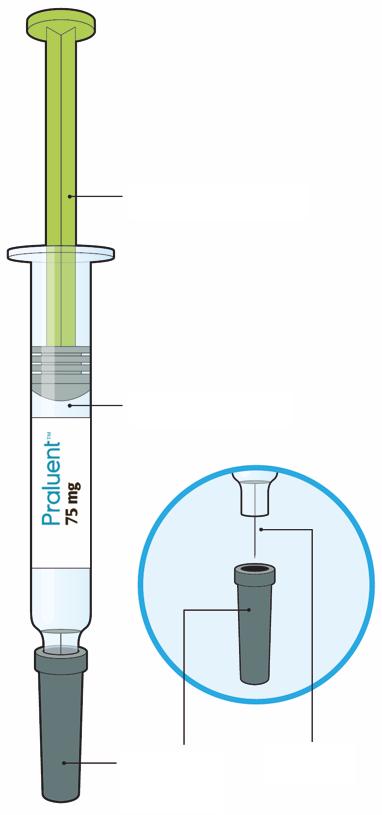 Praluent 75 mg oplossing voor injectie in een voorgevulde injectiespuit alirocumab Gebruiksaanwijzing In de onderstaande afbeelding zijn de onderdelen van de Praluent-injectiespuit weergegeven.