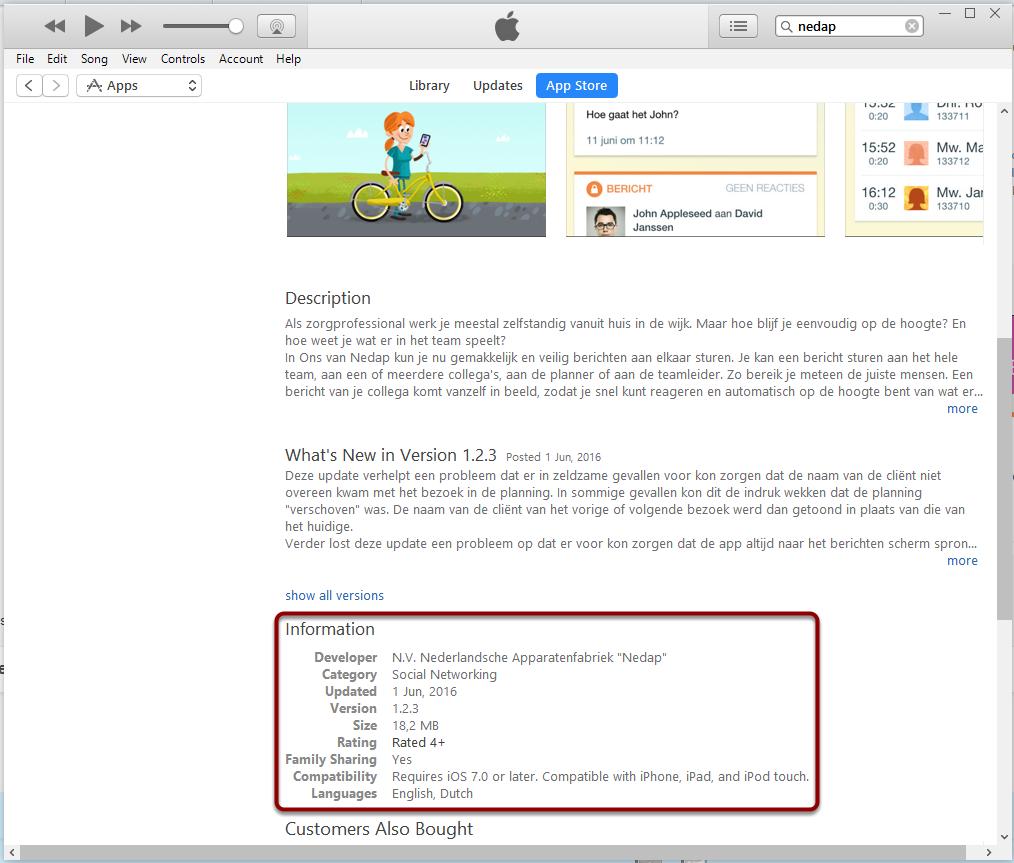 Open itunes, klik op "Store" (1), zoek op "Nedap" (2).