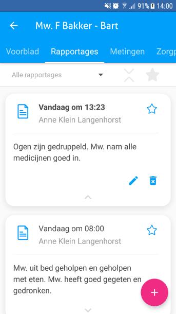 Ons Dossier app - Rapportages In het tabblad Rapportages kun je door de rapportages van de cliënt heen scrollen en nieuwe rapportages maken die niet gekoppeld zijn aan een doel in het zorgplan.