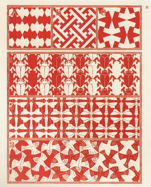 Verwerking in eigen werk Deze tekening toont hoe Escher de patronen verwerkt. Bovenaan tekent hij drie patronen (A - B - C) uit het Alhambra.