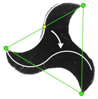 In onderstaand patroon kan je nagaan hoe ook een driehoek met gedraaide zijden een geschikte vorm is voor een vlakvulling.