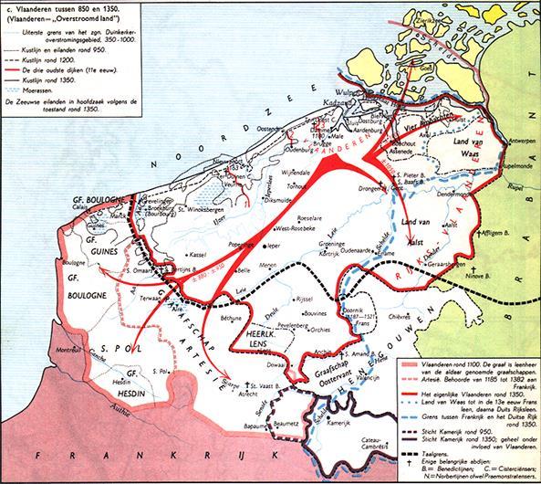 Kaart van het Graafschap Vlaanderen met wijzigende grenzen in de periode 850-1350.