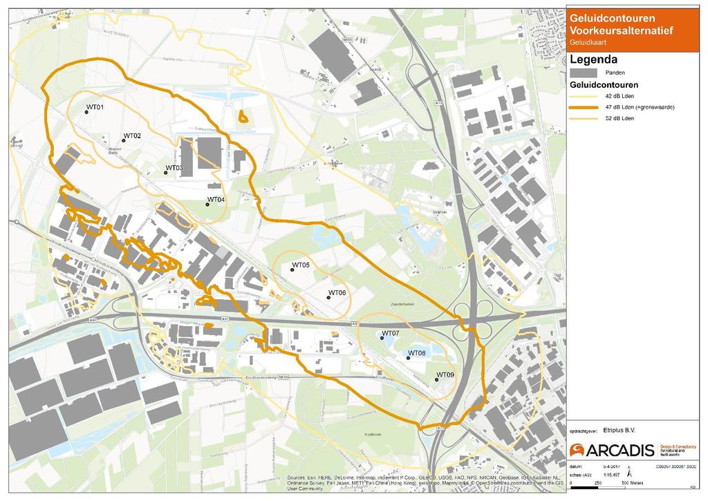 Afbeelding 14 Geluidcontouren L den VKA Windpark Greenport Venlo Er wordt, net als in alternatief A, bij 2 woningen de grenswaarde van 47 db L den overschreden.