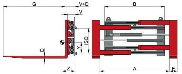 T411BZ T411BZI Vorkversteller T411BZ met integrale (ventielblok) sideshift afhankelijk van het openingsbereik 2 hydraulische functies EZP EZP v Capaciteit LZP A B D E G ISO V Z Y Gewicht Type kg mm