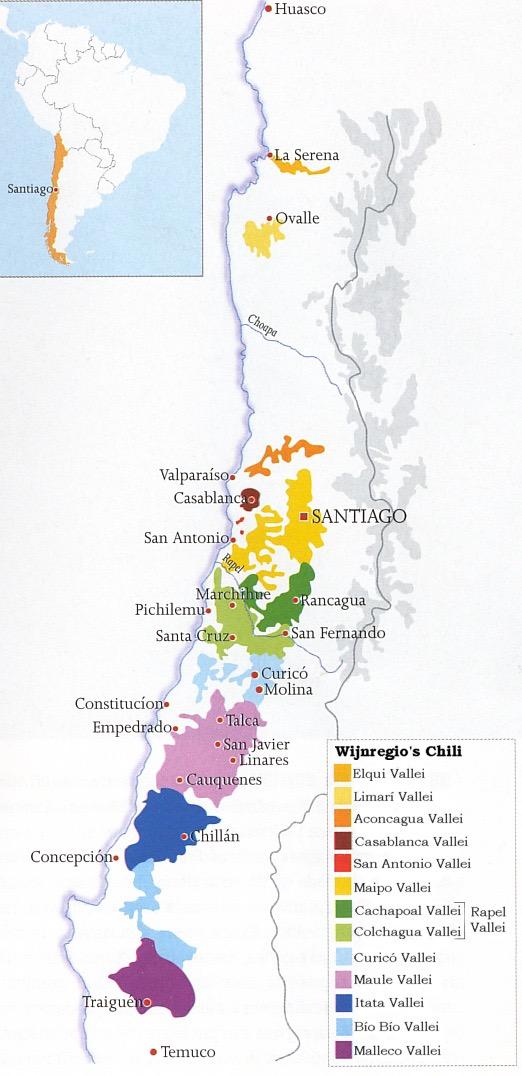 WIJN- REGIO S CHILI Ingeklemd tussen het Andesgebergte en de Stille Oceaan heeft, het langste wijnland ter wereld,