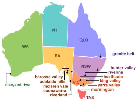 WIJN- REGIO S AUSTRALIË Door de extreme warmte is wijnbouw alleen mogelijk langs de zuid- en oostkust.