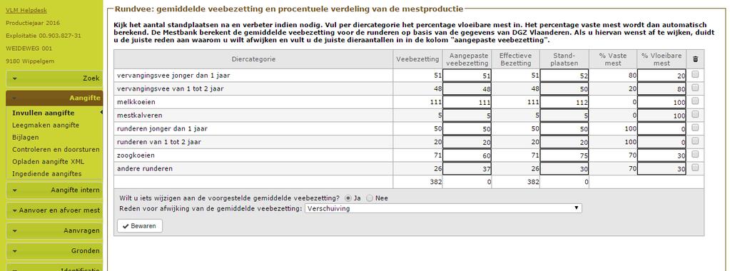 U kunt verder aangeven of u akkoord bent met die gemiddelde veebezetting. De veebezetting wijzigen doet u als volgt: 1.