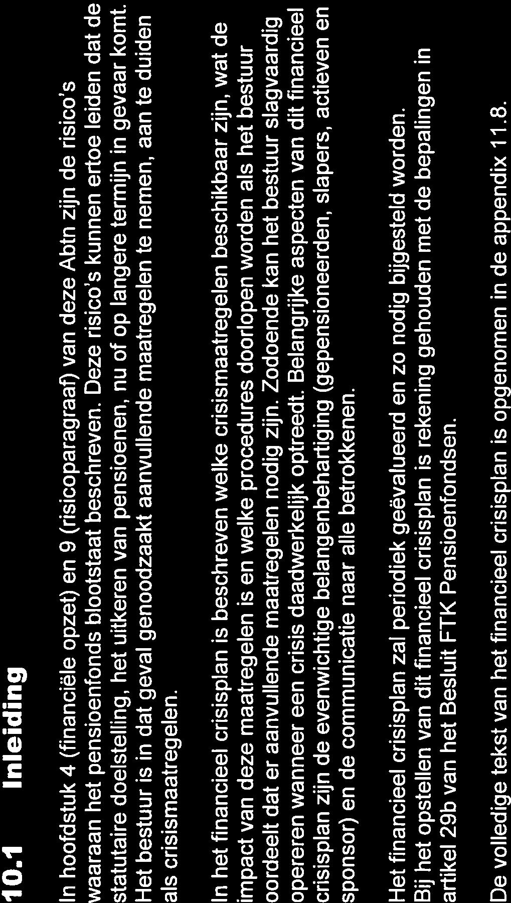 10 FINANCIEEL CRISISPLAN 10.1 Inleiding In hoofdstuk 4 (financiele opzet) en 9 (risicoparagraaf) van deze Abtn zijn de risico s waaraan het pensloenfonds blootstaat beschreven.
