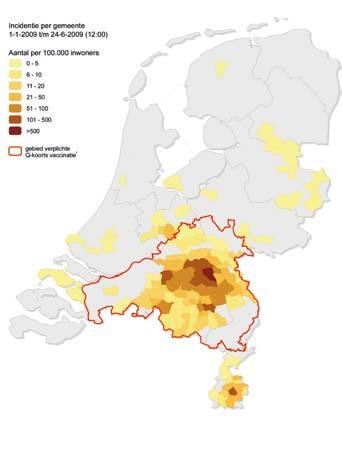 Gemelde Q-koortspatiënten 2009 *) Gebied waar in 2009 vaccinatie tegen Q-koorts verplicht wordt voor schapen en geiten op professionele melkgeiten- en melkschapenbedrijven en op bedrijven met een