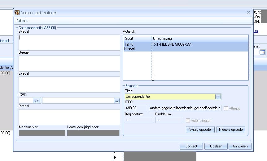 2. Na het inlezen van de kopie verwijsbrief (Edifact) zal in het dossier van de patiënt en P-regel worden gemaakt gekoppeld aan een episode. De journaaltekst is TXT/MEDSPE 500027251.