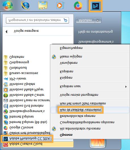 Windows 7 Wanneer je Creative Cloud-app wordt geïnstalleerd, worden er snelkoppelingen voor de app toegevoegd aan de menu's voor Windows-producten. Kies Start > Alle programma's en klik op de app.