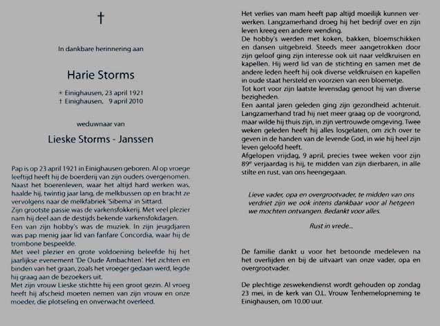 (Harrie) Storms, geb. Einighausen 23 april 1921, ald. 9 april 2010, tr. MJE (Lieske) Janssen, geb. 24 jan.