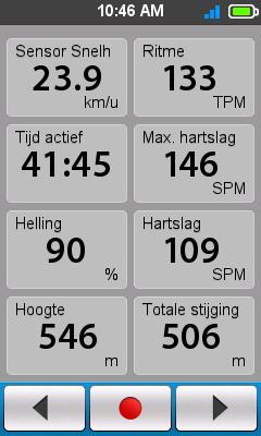 Ritme Tijd actief Maximale hartslag Helling Hartslag Hoogte Totale stijging Het Kompas wordt alleen weergegeven als de navigatie niet langer de