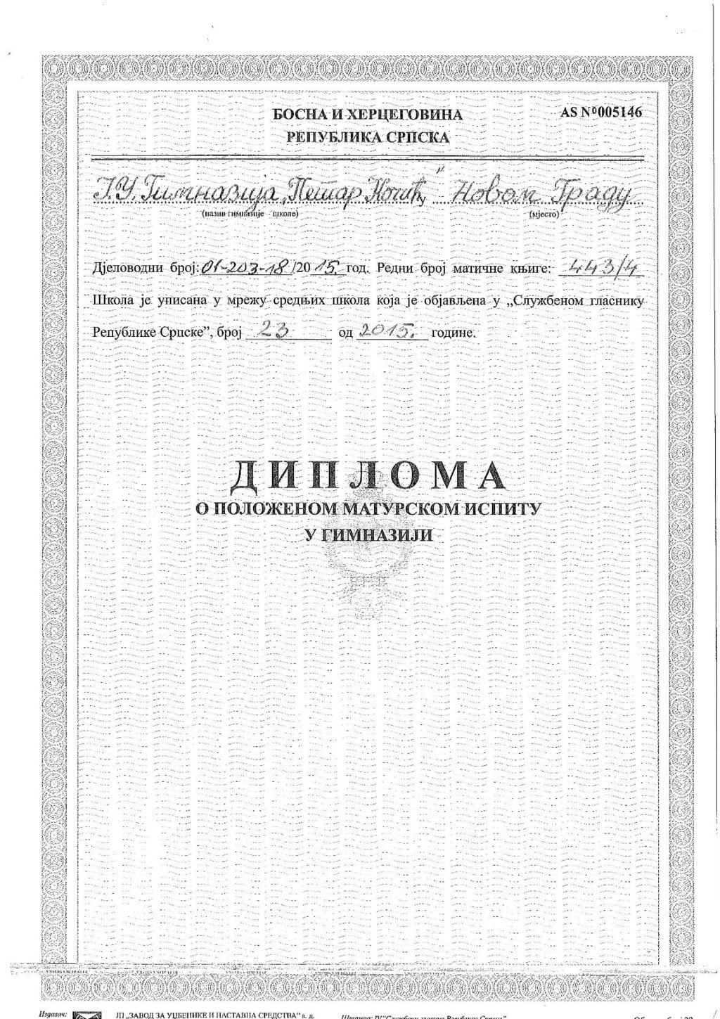 Matura-diploma (voorblad) Dit is het voorblad van een Diploma položenom