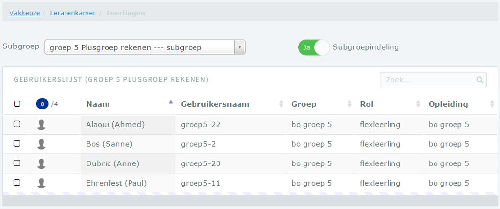 De Subgroepindeling-schakelaar staat nu aan. Wilt u meer leerlingen toevoegen in uw subgroep dan kunt u ze via Zoek opzoeken, of via de gewone klassenlijst werken.