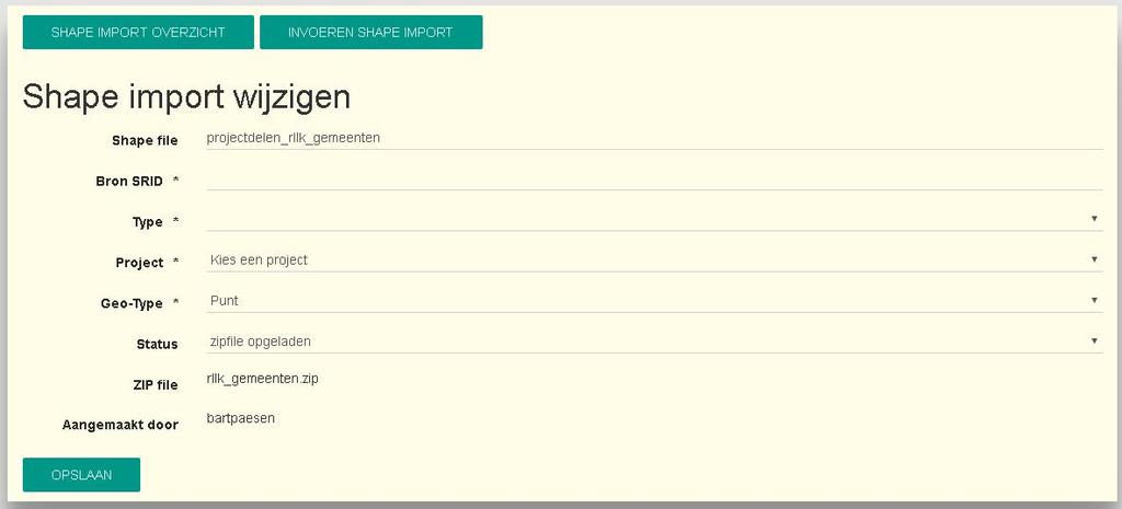 Vul vervolgens in 1. Srid nr van de shape file. 2. Type Trage wegen; speciale import enkel voor trage wegen. Normaal; voert enkel de punt lijn of vlakken in.