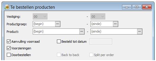 Gebruik menu Selecties op niveau product De verschillende velden worden achtereenvolgens besproken: Productgroep: selectie per productgroep, of van / tot Product: selectie per product, of van / tot