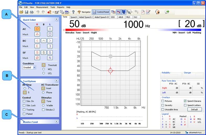 13 Toonaudiometrie uitvoeren 13 Toonaudiometrie uitvoeren A. Snelkeuzepaneel B. Testoptiespaneel C.