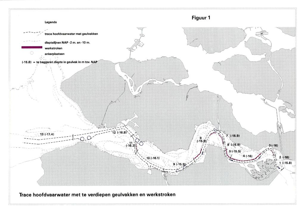 Figuur 1 Legenda - - - trace hoofdvaarwater met geulvakken - dleptelijnen NAP -2 m. en -10 m.