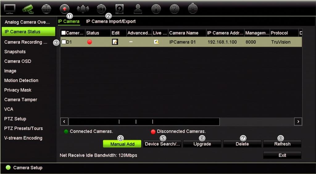 Hoofdstuk 10: Camera-instelling Status IP-camera Met het menu Status IP-camera kunt u camera's aan de recorder toevoegen, en IPcamera's bewerken en verwijderen, alsmede de firmware van de camera