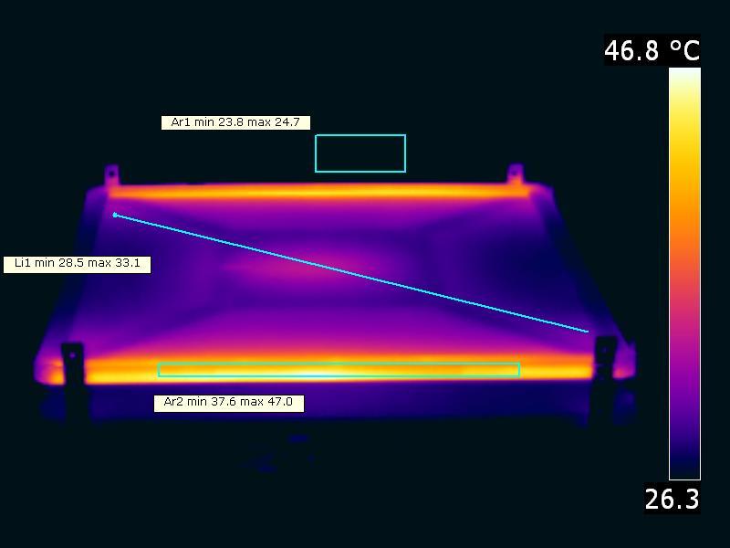 Temperatuurplaatje van het lichtgevend gedeelte status lamp > 2 uur aangestaan omgevingstemperatuur 24 graden C gereflecteerde schijnbare temperatuur 24 graden C camera Flir T335