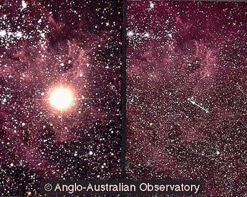 Figuur 3: Hier zien we supernova 1987A in een begeleidend stelseltje (de zogenaamde Grote Magelhaense Wolk) van ons eigen Melkwegstelsel. Het is alleen op het zuidelijk halfrond zichtbaar.